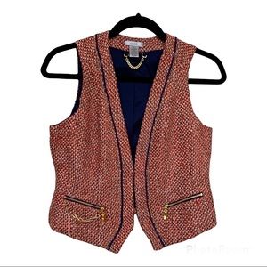 NEW Cache Tweed V-neck Waist Coat Vest Gold tone Trim demure